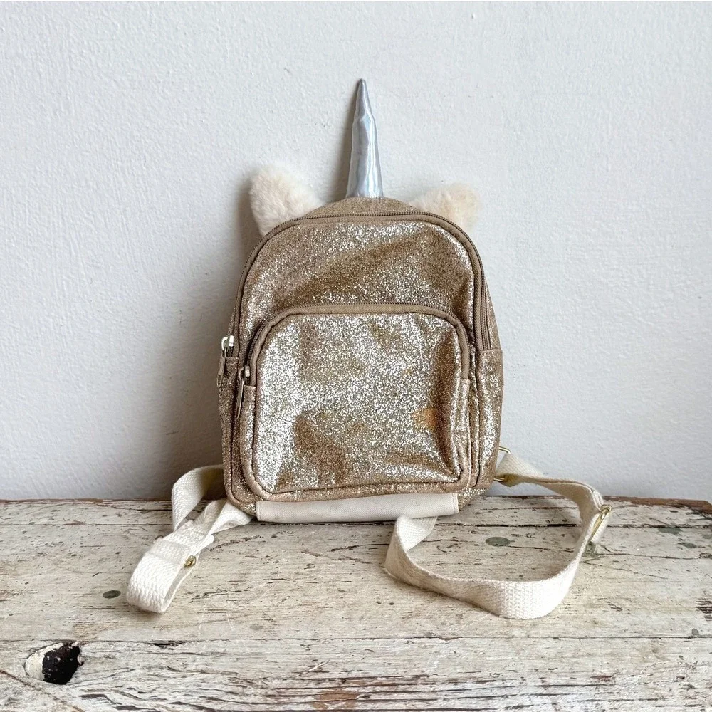 Kids Gold Glitter Unicorn Mini Backpack Silver Horn Faux Fur Ears Bag